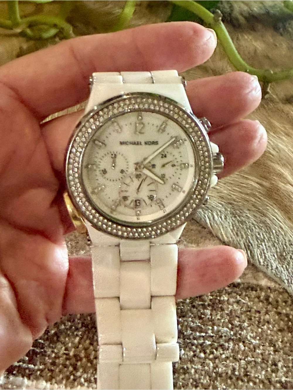 Michael Kors White Ceramic Crystal Bezel Chronograph Watch